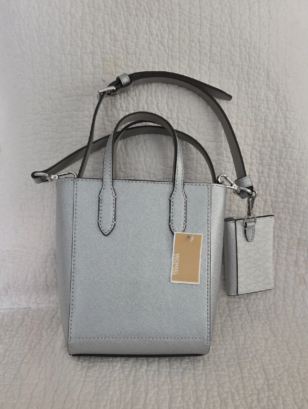 Michael Kors Silver Mini Saffiano Mini Tote with Crossbody Strap and card pouch
